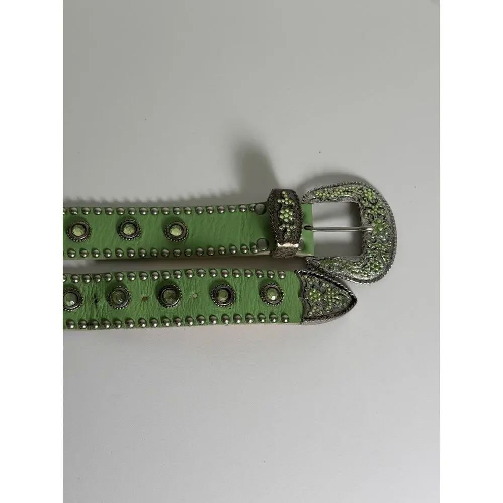 LEATHEROCK Belt Size 34 Leather Green Embellished Rhinestone Gems Studded 1594